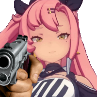 a hand holding a gun in front of a girl with pink hair