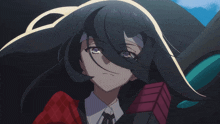 a girl with long black hair and purple eyes is wearing a red plaid shirt and tie