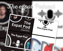 a collage of the expat podcast logos