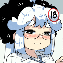 a drawing of a girl with glasses and a sign that says 18