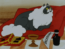 a cartoon cat is laying on a red couch with a paper that says valeriana
