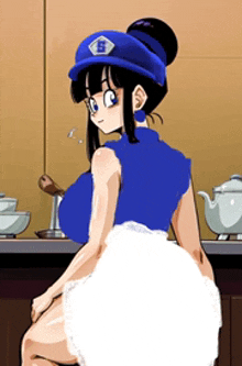 a cartoon girl wearing a blue shirt and a blue hat with the letter s on it