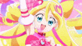 a girl with blonde hair and blue eyes is wearing a pink heart shaped necklace