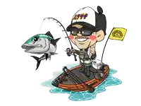 a cartoon of a man fishing on a boat with a yellow flag that says bridgestone