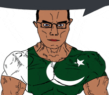 a man wearing glasses and a green shirt with a crescent moon and star