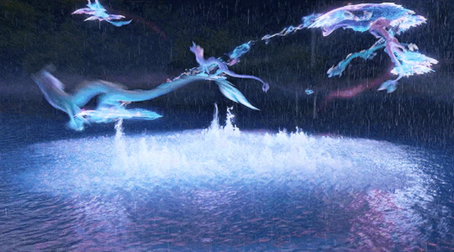 many glowing water dragons flying in the rain
