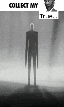 a black and white photo of a slender man with the words collect my true