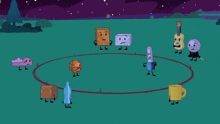 a group of cartoon characters are standing in a circle including a basketball a guitar and a bottle