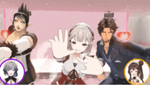 a group of anime characters are dancing in a room with pink walls