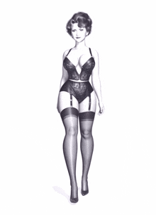 a black and white drawing of a woman in stockings and garters
