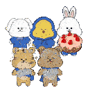 a group of cartoon characters including a bear and a rabbit are surrounded by stars