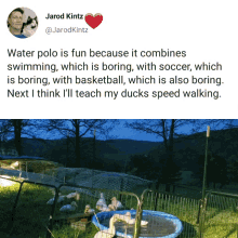 water polo is fun because it combines swimming which is boring with soccer which is boring with basketball