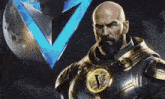 a man with a beard is wearing armor with a letter v on it