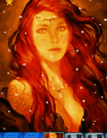 a painting of a woman with red hair and a gold star in the background