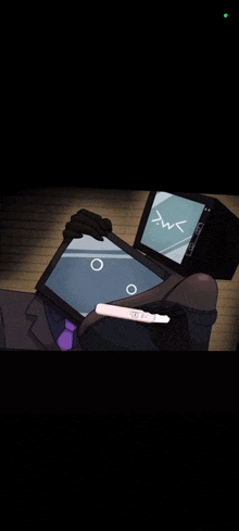 a cartoon character is holding a pregnancy test in front of a monitor