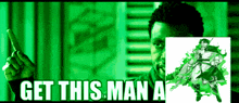 a man is pointing at a picture of a woman and says get this man a