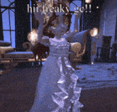 a cartoon girl in a white dress with the words hit freaky go on the bottom
