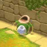 a cartoon character is sitting on the ground with its mouth open .