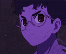 a drawing of a person with glasses and purple hair