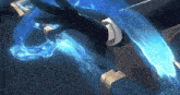 a computer generated image of a person holding a sword with a blue light coming out of it