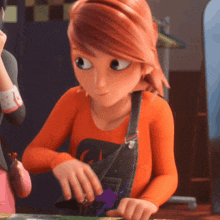 a cartoon girl with red hair is wearing an orange shirt with the letter a on it
