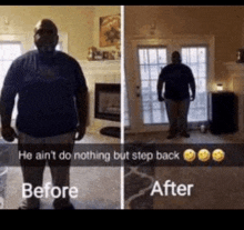 a man in a blue shirt is standing in a living room .