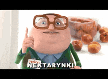 a cartoon character with glasses and a sign that says tesco nektarynki