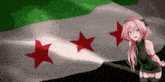 a girl stands in front of a flag with three red stars