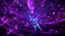 a person is standing in a dark room with a purple light coming out of it .