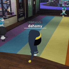 a cartoon character is standing on a rainbow rug with the name dahomy on it