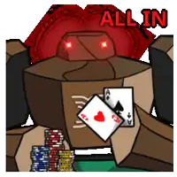 a cartoon drawing of a robot holding playing cards with the words all in behind it