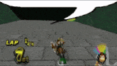 a video game screen shows a monkey racing on a brick road