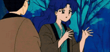 a man and a woman are talking to each other in a cartoon .