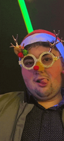 a man wearing reindeer antlers glasses and a santa hat