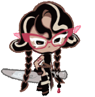 a cartoon character with braids and glasses is holding a chainsaw .
