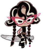 a cartoon character with braids and glasses is holding a chainsaw .