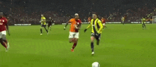 a blurry picture of a soccer field with a person wearing a red jacket with the number 14 on it
