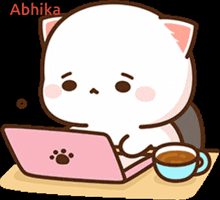 a cartoon cat is sitting at a table with a laptop and a cup of coffee
