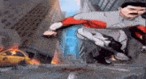 a cartoon of a man in a superhero costume jumping over a fire .