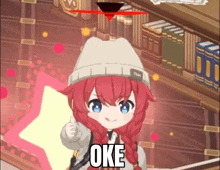 a girl with red hair and blue eyes is giving a thumbs up in a video game .