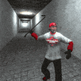 a man in a virtual t-shirt is holding a cane in a hallway