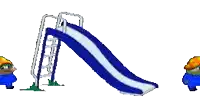 a cartoon drawing of a slide with a blue car pulling it down