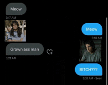 a screenshot of a text message between a man and a woman that starts with the word meow