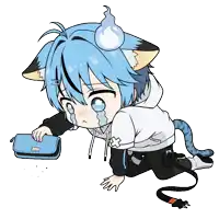 a cartoon character with a cat ear is kneeling down with a wallet in his hand