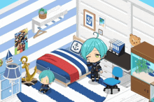 a bedroom with an anchor on the wall and a bed