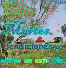 a feliz martes greeting card with a red barn in the background
