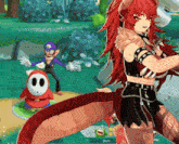 a video game screen shows a character named bluto standing next to a shy guy