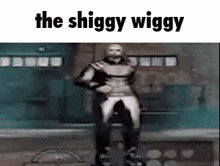 a man in a superhero costume is dancing in front of a garage door in a video game .
