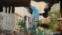 a painting of a city scene is being made in animotica