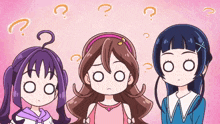 three anime girls are standing next to each other with question marks around their heads